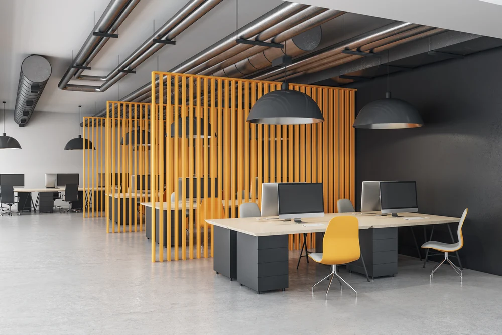 Coworking,Office,Room,With,Computers,And,Yellow,Abstract,Wall.,Workplace Coworking,Office,Room,With,Computers,And,Yellow,Abstract,Wall.,Workplace